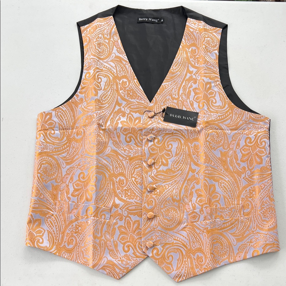 New Barry.Wang Silk Paisley Orange Button Up Formal Vest M